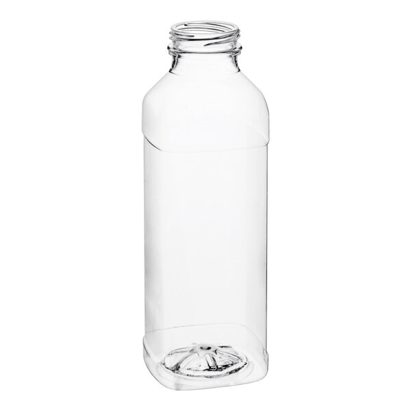A clear Square PET juice bottle with a white lid.