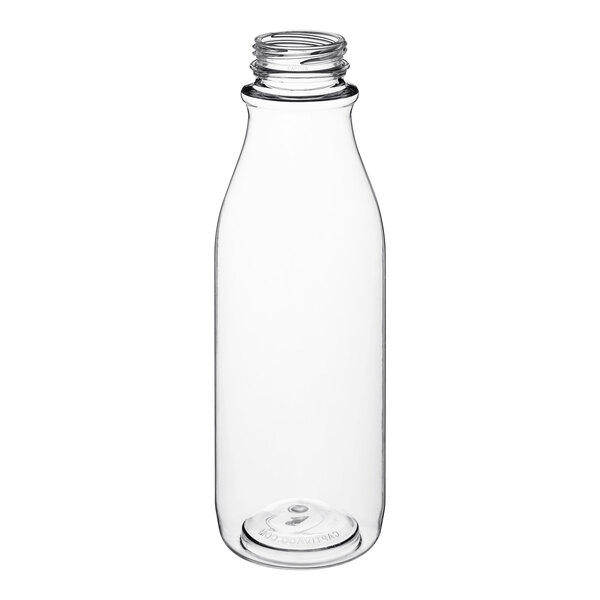 A clear plastic 16 oz. round juice bottle with a white lid.