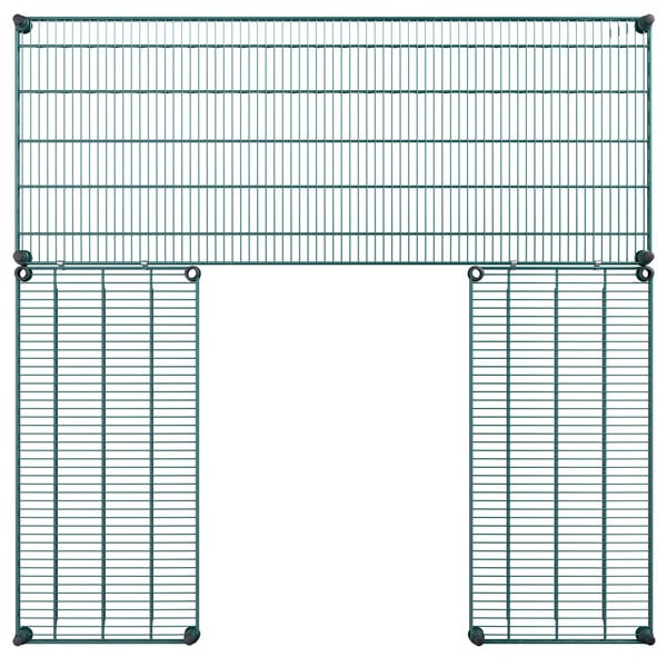 A green Regency wire shelving unit with 4 shelves and S-hooks.