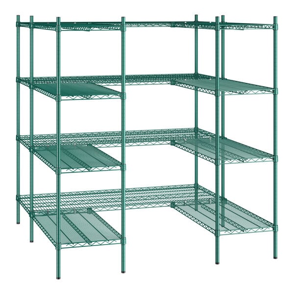 A green epoxy-coated, four-tier wire shelving unit kit designed for walk-in storage, featuring S-hooks for assembly.
