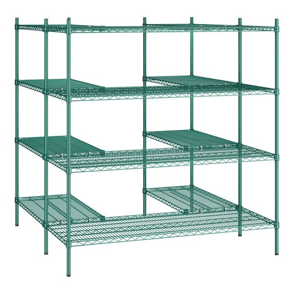 A green epoxy-coated 4-tier wire shelving unit kit designed for walk-in storage, featuring S-hooks for assembly.