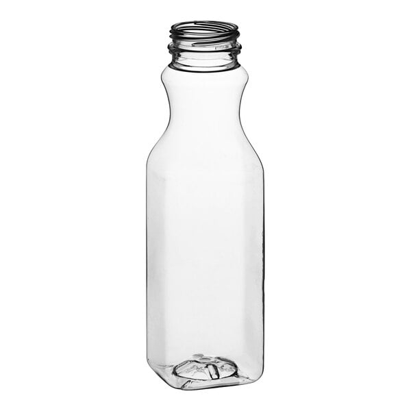 A clear PET square carafe juice bottle with a black lid.