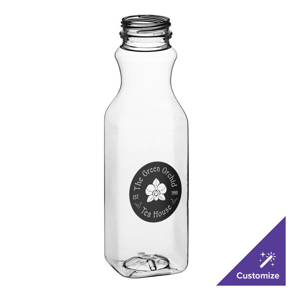 A clear PET square juice bottle with a black label.