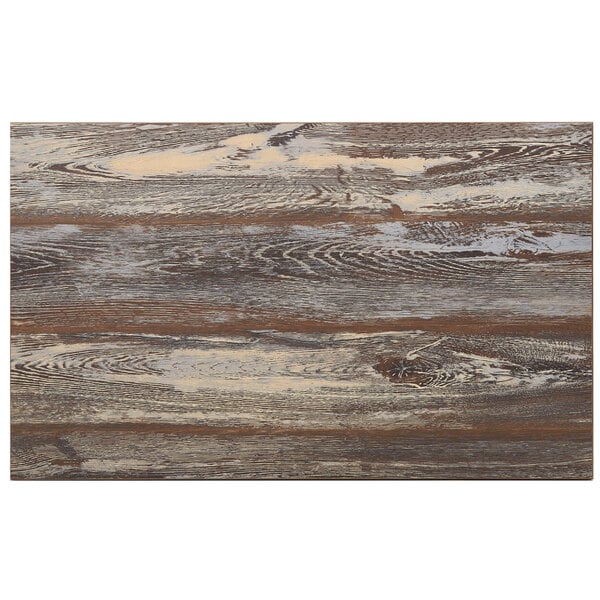 A rectangular wood table top with a brown and white finish with a wood grain design.