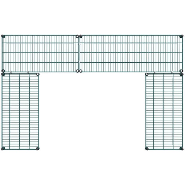 A white grid of wire shelves with black lines.