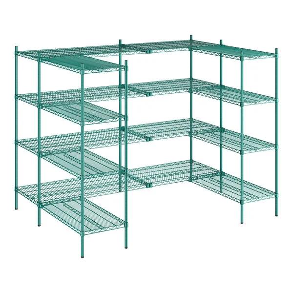 A green epoxy-coated metal walk-in shelving unit kit with four tiers and S-hooks.