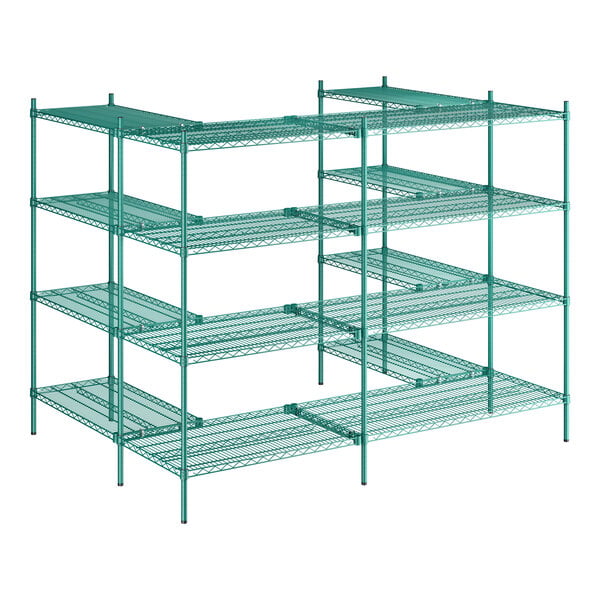 A green epoxy-coated metal walk-in shelving unit kit with four tiers and S-hooks.