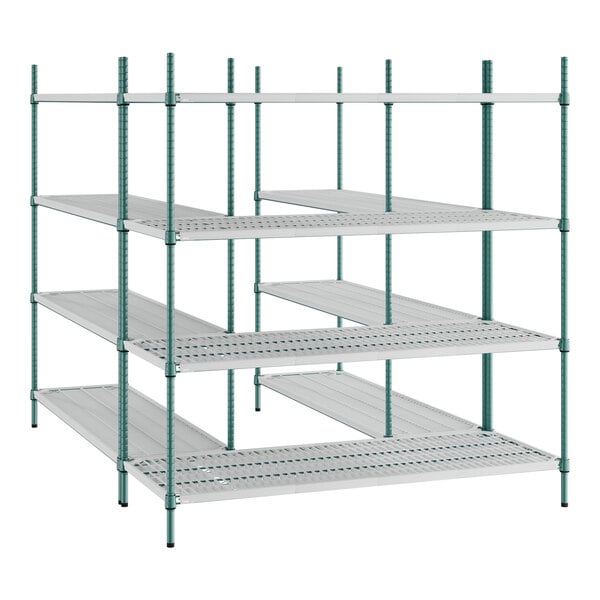 A green metal wire shelving unit with four shelves.