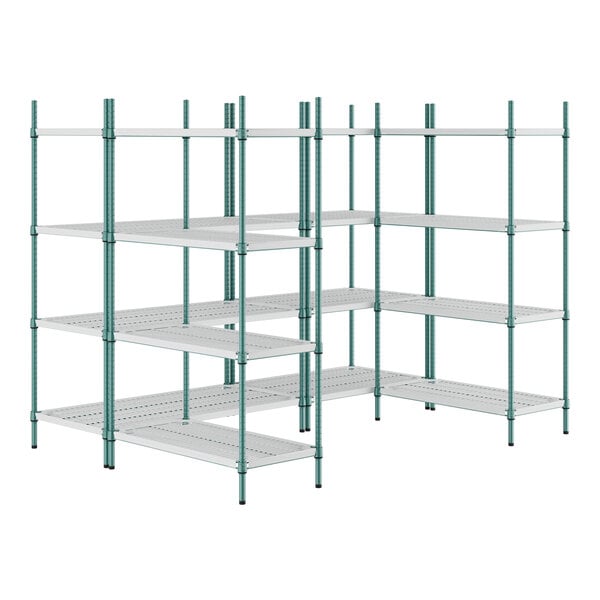 A green Regency wire shelving unit with four shelves.
