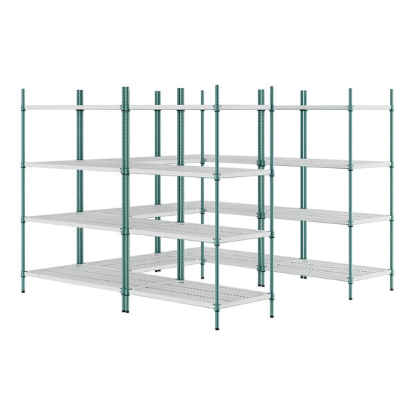 A green Regency wire shelving unit with four shelves.