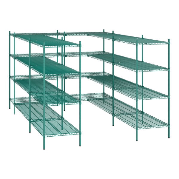 A green epoxy-coated, four-tier wire shelving unit kit designed for walk-in storage, featuring S-hooks for assembly.