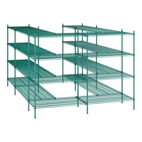 A green epoxy-coated, four-tier wire shelving unit kit designed for walk-in storage spaces.