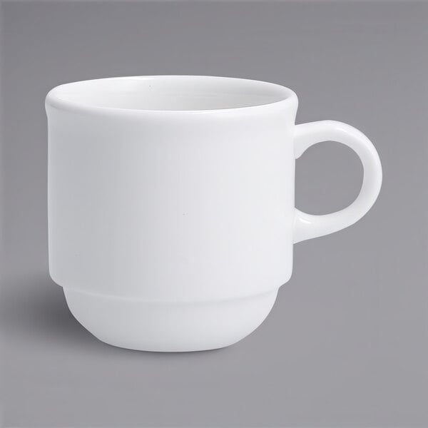 A Fortessa Ilona bright white china espresso cup with a handle.