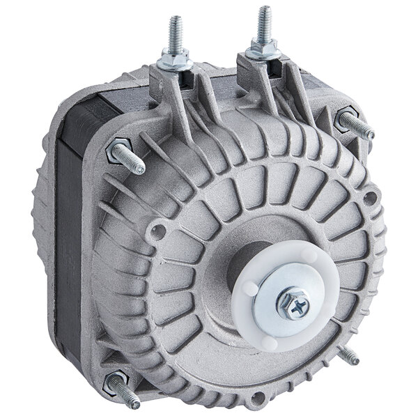 A grey metal Avantco condenser motor with a white round base.