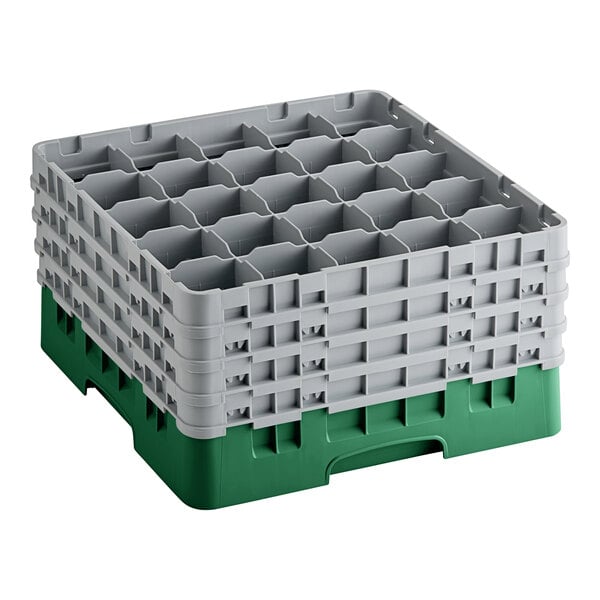 A green and gray plastic Cambro glass rack with several trays stacked inside.