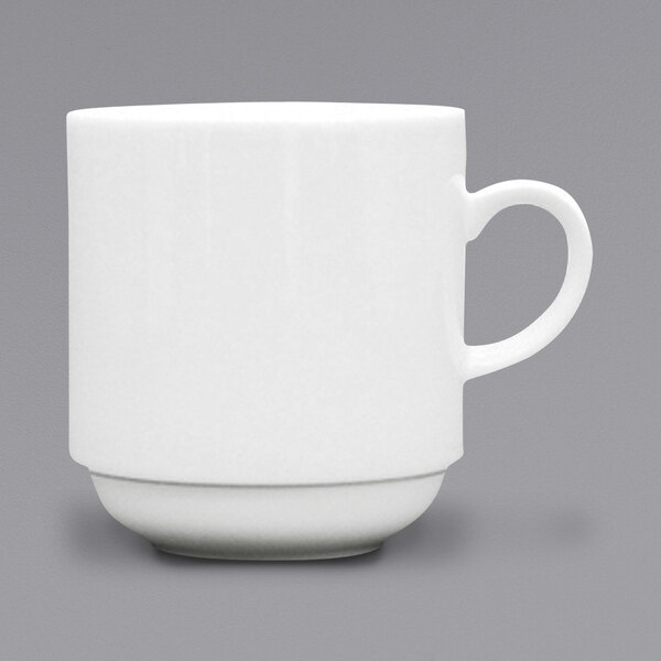 A white mug with a white handle.