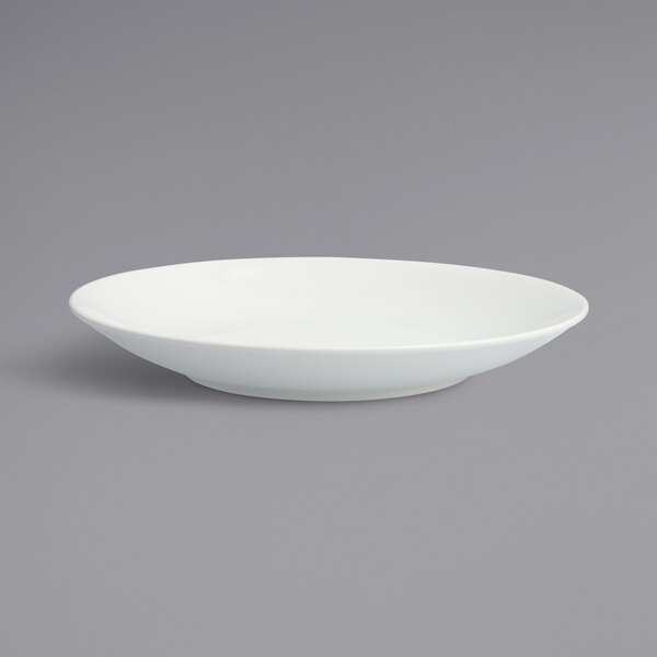 A close up of a Fortessa Ilona bright white coupe china bowl.