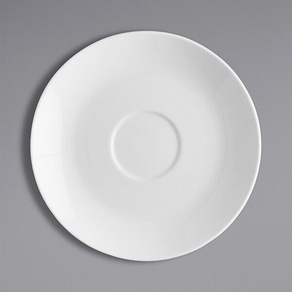 A Fortessa bright white china saucer with a circle on the rim.