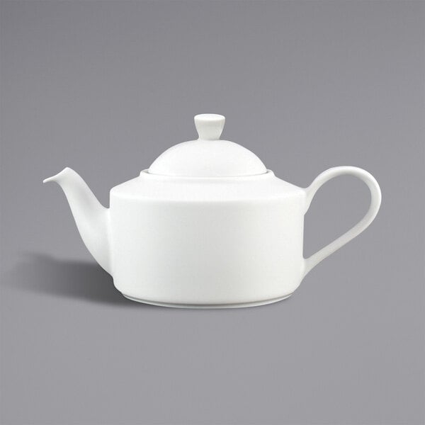 The lid for a white Fortessa Ilona China teapot.