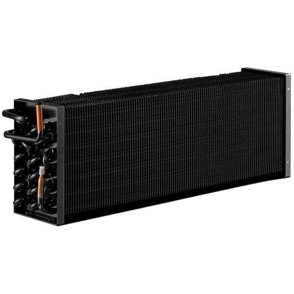 A black rectangular evaporator coil with two orange tubes.