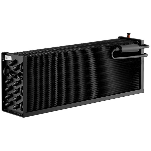 An Avantco evaporator coil, a black rectangular object with a round black tube on one side.