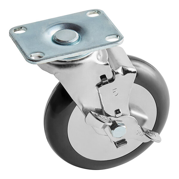 A black and silver ServIt swivel plate caster with a metal plate.