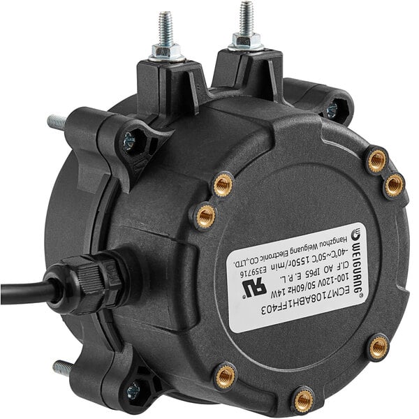 An Avantco black round evaporator motor with screws and a white label.