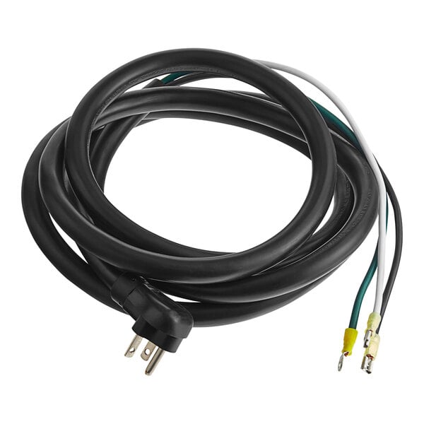 A black cable with white and green wires and a white plug.