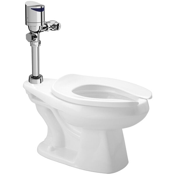 A white Zurn commercial toilet with a silver top mount flush valve.