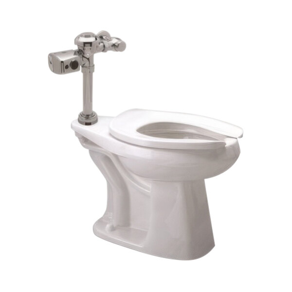 A white Zurn floor mounted toilet with a silver flush valve.