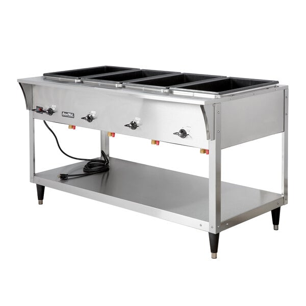 A stainless steel electric four-pan hot food table with a lower shelf and control knobs.