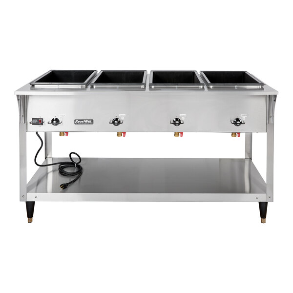 A stainless steel electric four pan hot food table with sealed wells and an open lower shelf.