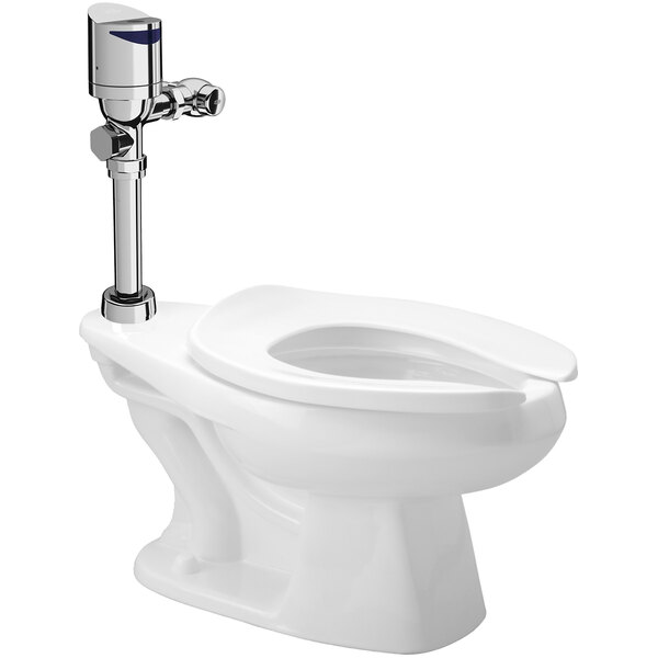 A Zurn floor mounted toilet with a silver top mount flush valve.