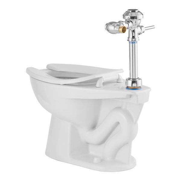 A floor-mounted commercial toilet with a manual flush valve system.