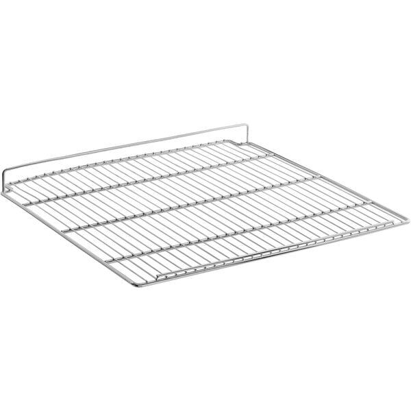An Avantco flat chrome adjustable wire shelf for a wine merchandiser.