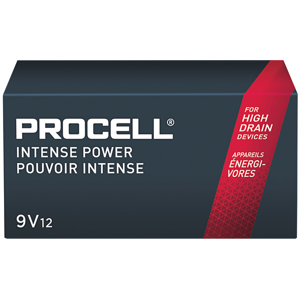 A black box of 12 Duracell Procell Intense Power 9V batteries with white text and a red label.