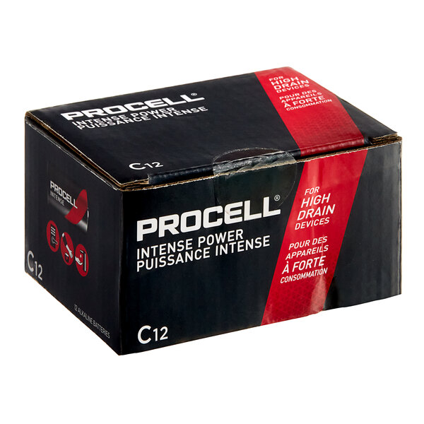 A black box of Procell Intense Power C Alkaline Batteries with white text and a red label.