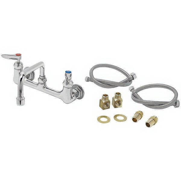 A T&S wall mount pantry faucet with parts including flex hose.