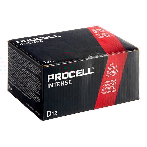 A black Procell box with white text containing 12 Procell Intense Power D batteries.