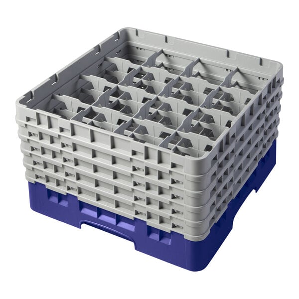 A navy blue and gray 16-compartment glass rack with five extenders for dishwashing and storage.