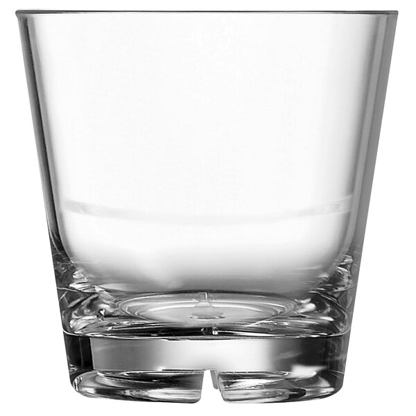 An Arcoroc clear plastic stackable rocks glass.