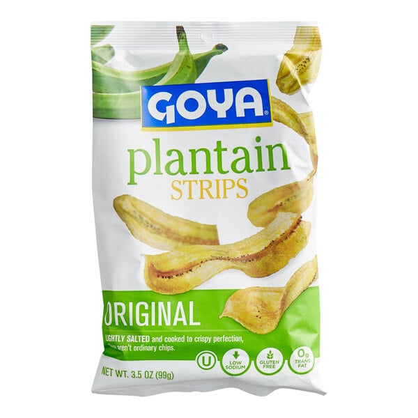 A bag of Goya original plantain strips featuring images of plantain chips and green plantains on the packaging.