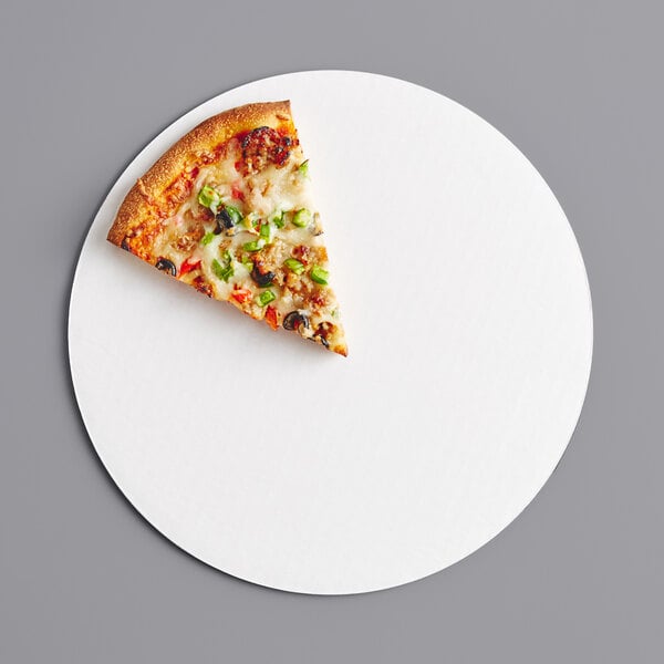 A slice of pizza on a 12" white corrugated pizza circle.