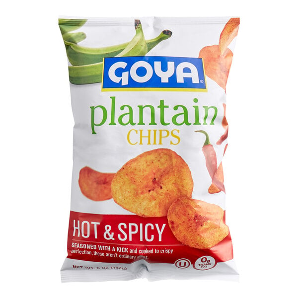 A bag of Goya hot and spicy plantain chips with images of plantain chips and green plantains on the packaging.