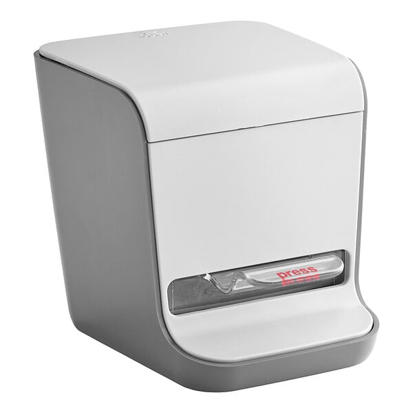 A white and grey plastic Tablecraft toothpick dispenser with a red label and accents.