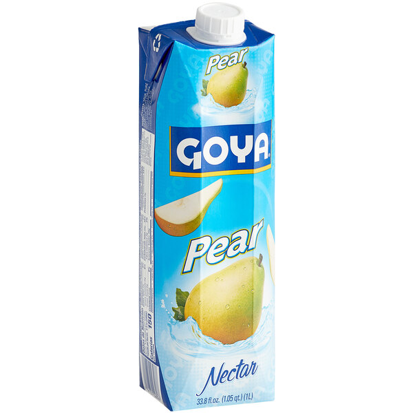 A blue and white carton of Goya Pear Nectar.