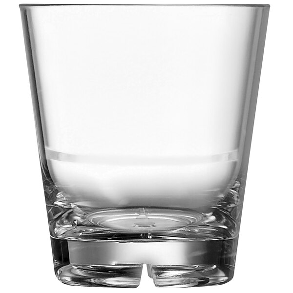 An Arcoroc clear plastic stackable rocks glass.