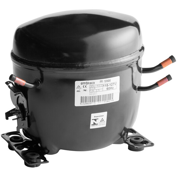 An Avantco black air compressor with two wires and a hose.