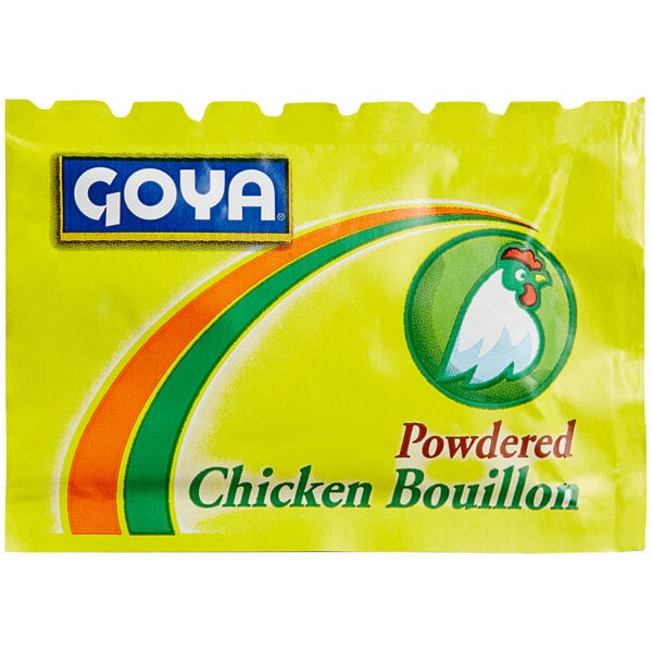 A yellow and white Goya package of powdered chicken bouillon with a cartoon chicken on it.