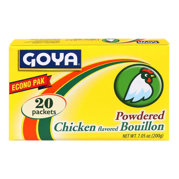 A yellow box labeled 'Goya Powdered Chicken flavored Bouillon' with 20 packets, featuring a chicken illustration and colorful swooshes.
